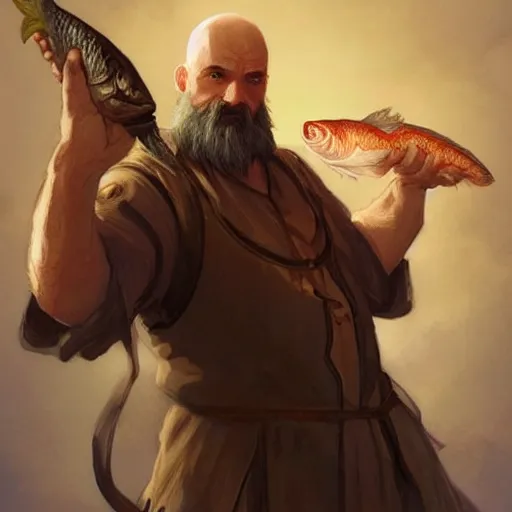 Prompt: wow! fanart bearded and bald man with a fish in his hand, d & d, high fantasy, detailed, digital art, artstation, smooth, sharp focus, art by artgerm, greg rutkowski, alphonse mucha