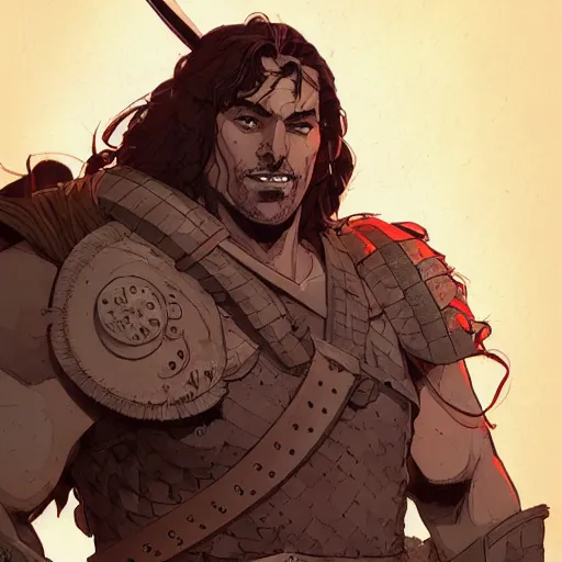 Image similar to cell shaded cartoon, a portrait of a fully armored conan the barbarian, illustration, wide shot, subtle colors, concept art by josan gonzales and wlop, laurie greasley, jordan grimmer and james jean, highly detailed, sharp focus, trending on artstation, hq, deviantart, art by artgem