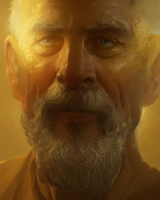 Image similar to An old man looking in a golden mirror, beautiful face, highly detailed face, close-up, fantasy art, male art, in the style of greg rutkowski, illustration, epic, fantasy, intricate, hyper detailed, artstation, concept art, smooth, sharp focus, ray tracing