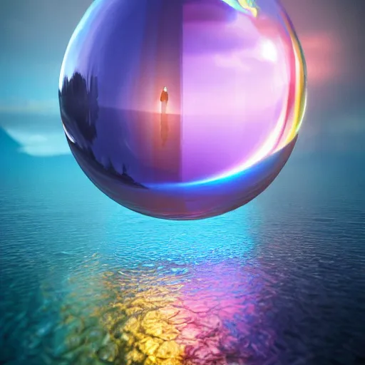 Image similar to crystal ball floating in rainbow space, realistic artstyle, wide shot, dramatic lighting, octane render, hyperrealistic, high quality, highly detailed, HD, beautiful, cinematic, 8k, unreal engine, facial accuracy, symmetrical