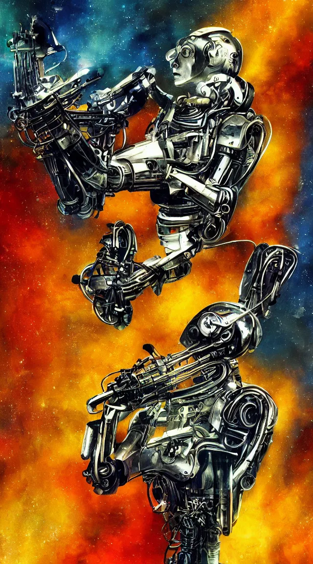 Image similar to jazz, sci fi, music notes, robot, wallpaper, masterpiece, hdr, hyperrealistic