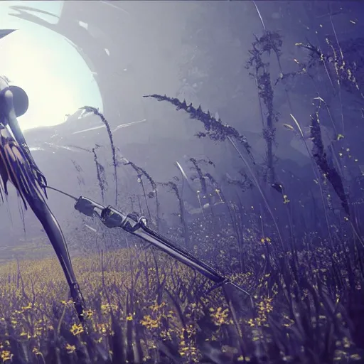 Image similar to a high resolution very detailed image of yorha android with stinger missile in nier : automata, in yellow rye field under blue sky