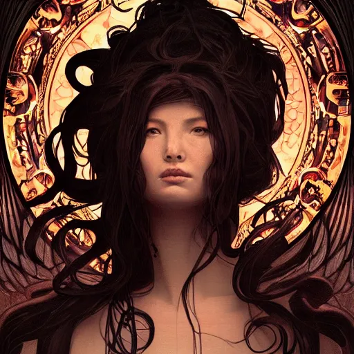 Image similar to A portrait of A beautiful!!!! angel in black flames by Ross Tran!! and alphonse mucha and greg rutkowski and Zdzisław Beksiński!!,In style of digital art illustration.Symmetry.Highly detailed face.Fantasy,smooth,hyper detailed,sharp focus,Soft light.trending on artstation.4k