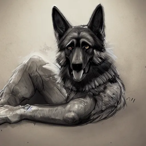 Prompt: a humanoid german shepherd beast - man in military style, sitting on the carpeted floor beside a bed, highly detailed portrait, digital painting, artstation, concept art, smooth, sharp foccus ilustration, artstation