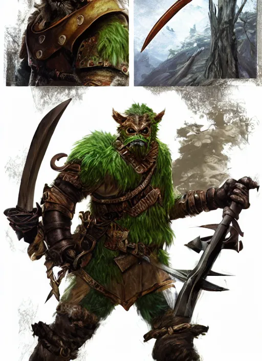 Image similar to strong young man, photorealistic bugbear ranger holding sword, fire magic, black beard, dungeons and dragons, pathfinder, roleplaying game art, hunters gear, jeweled ornate leather and steel armour, concept art, character design on white background, by norman rockwell, makoto shinkai, kim jung giu, artstation trending, poster art, colours red and green