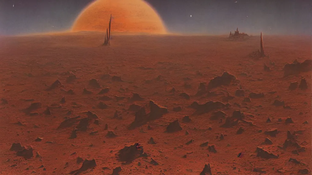 Prompt: emissary space by arthur haas and bruce pennington, cinematic matte painting, photo realism, dark color palate, desert mars