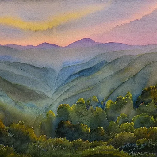Image similar to a beautiful watercolor painting of an epic appalachian wilderness at dawn by georgia o'keeffe, wide angle shot, godrays, mystical, deep shadows, epic scale