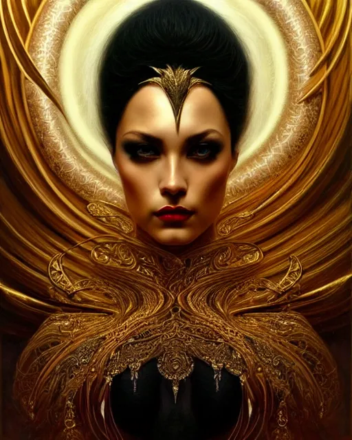 Image similar to portrait of a beautiful goddess, enigmatic beauty, dominant shades of black, gold silver, dark red, white, head in focus, fantasy art, ornamental aesthetics, intricate, elegant, highly detailed, hyperrealistic, artstation, concept art, soft illumination, painterly, sharp focus, by karol bak