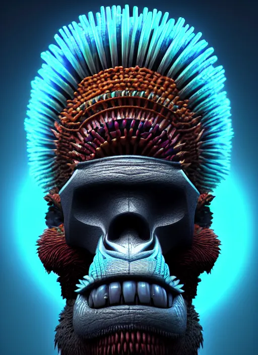 Image similar to 3 d ape shaman profile portrait, sigma 5 0 0 mm f / 5. beautiful intricate highly detailed quetzalcoatl skull and feathers. bioluminescent, plasma, lava, ice, water, wind, creature, thunderstorm! artwork by tooth wu and wlop and beeple and greg rutkowski, 8 k trending on artstation,