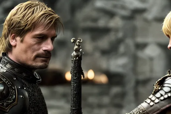 Image similar to very very intricate photorealistic photo of jaime lannister defeating cersei, photo is in focus with detailed atmospheric lighting, award - winning details