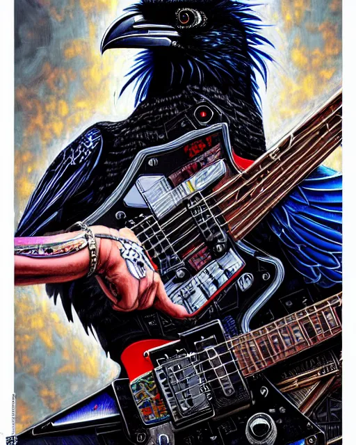 Image similar to a portrait of an anthropomorphic cyberpunk raven shredding an electric guitar by sandra chevrier, by jon foster, detailed render, tape deck, epic composition, cybernetics, 4 k realistic, cryengine, realistic shaded lighting, sharp focus, masterpiece, by enki bilal