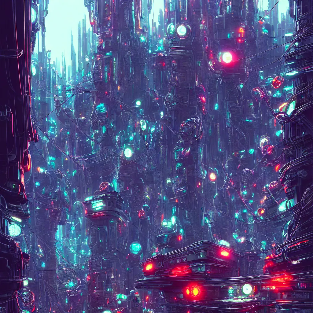 Image similar to robo cats inside an scifi tentacles wires futuristic city, beautiful signs, wide angle, retro futuristic comics, cinematic, highly detailed, photorealistic, rich bright colors, trending on artstation, giger, tsutomu nihei, trending on cgsociety, awe inspiring bruce pennington cityscape, digital art painting of 1 9 6 0 s