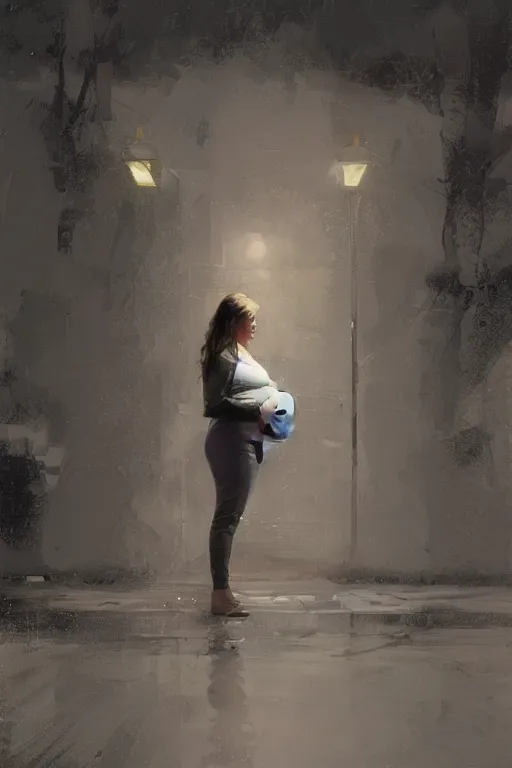 Prompt: pregnant woman under street light, highly detailed, sharp focused, ultra realistic digital concept art by Ruan Jia, Alyssa Monks, Stanley Artgerm