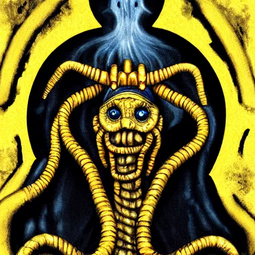 Prompt: Hastur, The King in Yellow, entropy, by Beksinsky