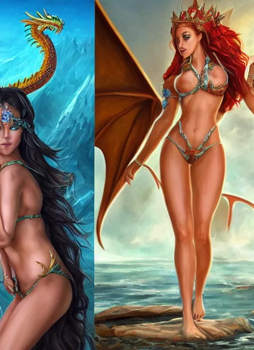 Prompt: a painting of a beautiful fantasy queen in a bikini next to a dragon, a photorealistic painting by Jaime Jones, deviantart contest winner, fantasy art, daz3d, fantasy,perfect symmetrica body shape,symmetrical face,intricate,elegant,highly detailed,8k,post-processing,digital painting,trending on pinterest,concept art, sharp focus, illustration,golden ratio