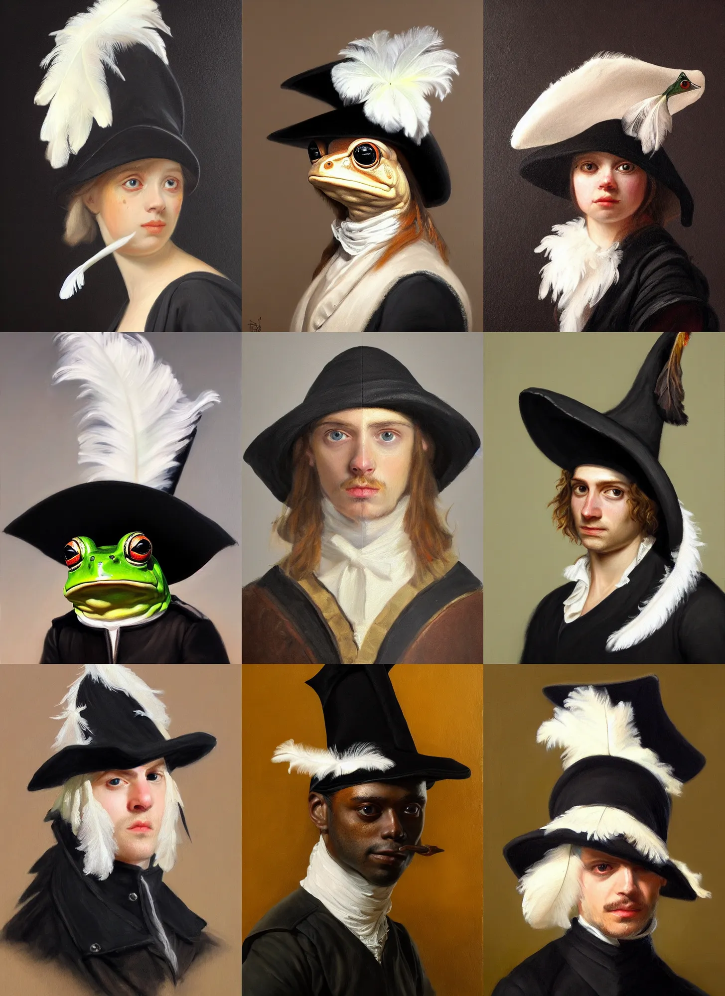 Prompt: a portrait painting of a frog wearing a black tricorn hat with a white feather, artstation, classical realism, detailed painting, oil on canvas