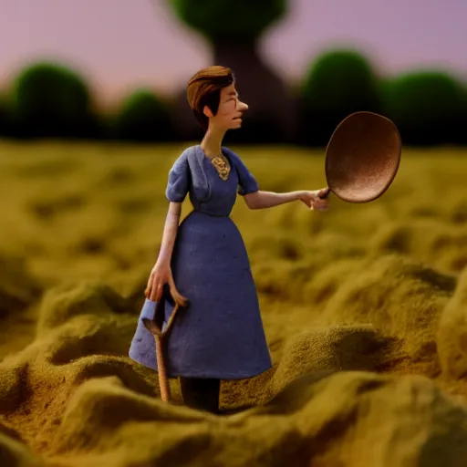 Image similar to a cinematic film still of a claymation stop motion film starring anne hathaway as female farmer with pitchfork, shallow depth of field, 8 0 mm, f 1. 8