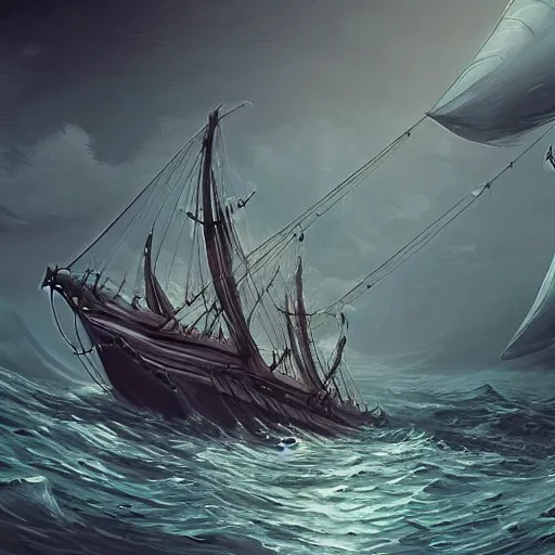 Prompt: sea monster looks like sailing ship deep dark sea, highly detailed, digital painting, smooth, sharp focus, illustration, artstation