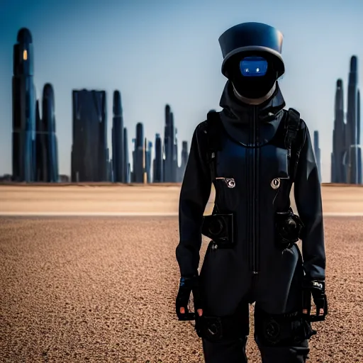 Image similar to photograph of a techwear woman, closeup, on a desert road with a futuristic city in the horizon, sigma 85mm f/1.4, 4k, depth of field, high resolution, 4k, 8k, hd, full color