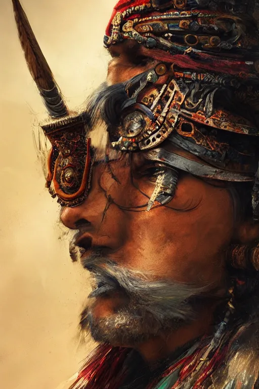 Image similar to indian warrior, close - up portrait, fierce, intricate, elegant, volumetric lighting, scenery, digital painting, highly detailed, artstation, sharp focus, illustration, concept art, ruan jia, steve mccurry