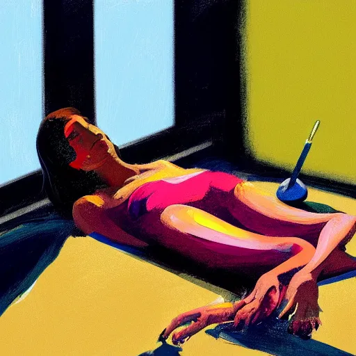 Image similar to a closeup view of painting of a woman laying on top of a table in a dark ambient, a light breeze is pushing away the curtains of a small window, a gouache by nathan oliveira and elaine de kooning, cgsociety, figurativism, dark surreal art, painterly, paint strokes, smudged paint, palette knife texture, digital illustration, artstation