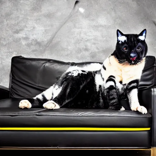 Prompt: a shiny gooey tar covered panther in a modern living room laying on a white couch covering it in sticky black tar splattering the walls with tar. photography, dslr, full body, award winning photography, pet photography, detailed