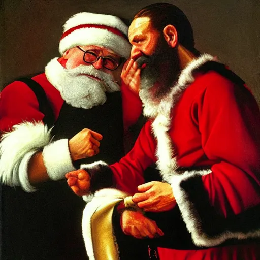 Image similar to Father Christmas WWE wredtling match against Joe Biden Painted by Caravaggio