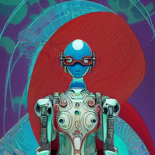 Image similar to beautiful portrait of the mysterious organic robot, vogue cover, vogue poses, beautiful futuristicornamental cape, intricate, highly detailed, masterful, fantasy world, sci fi world, in the style of moebius, akira toriyama, jean giraud, 8 k