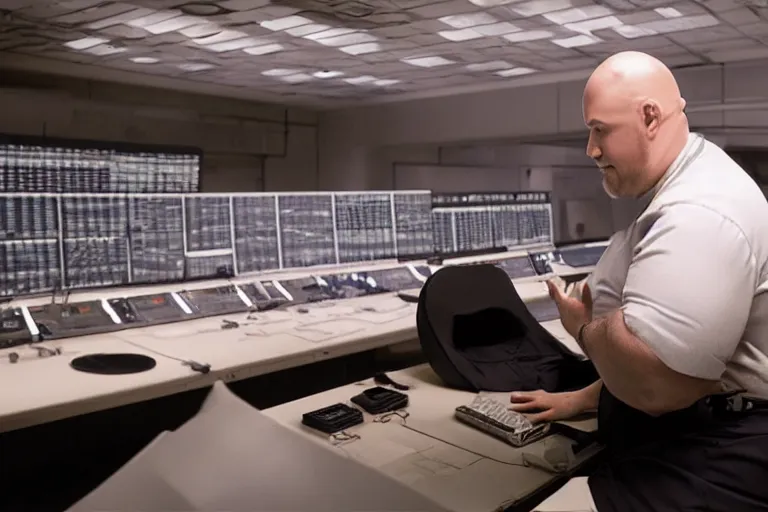 Image similar to heavyset bald man wearing a white shortsleeved shirt and blue jeans working in a nuclear silo control room by Roger Deakins