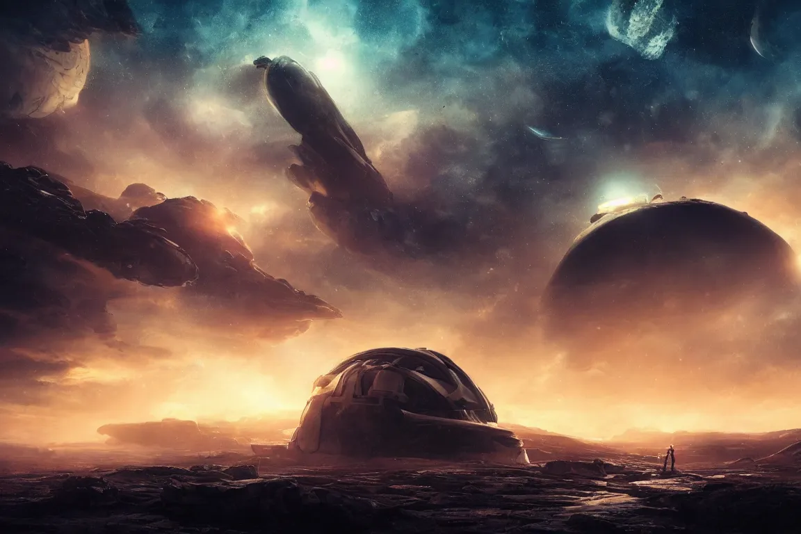 Prompt: beautiful landscape of an alien planet with spectacular astronomical sky, a landed spaceship stands lost in the loneliness, matte painting, cinematic, dramatic atmosphere, detailed, atmospheric, wide angle, artstation trending