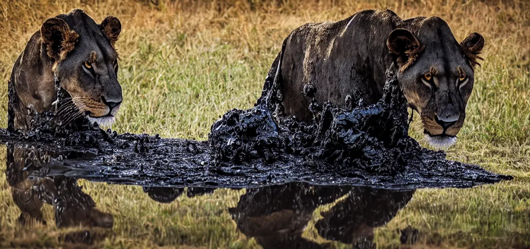 Image similar to a black lioness, made of ferrofluid, bathing inside the lake of ferrofluid, full of goo, covered with ferrofluid. dslr, photography, realism, animal photography, color, savanna, wildlife photography