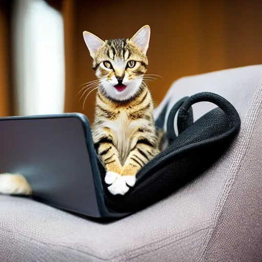 Prompt: cute tabby cat laying on a computer chair with paws curled in