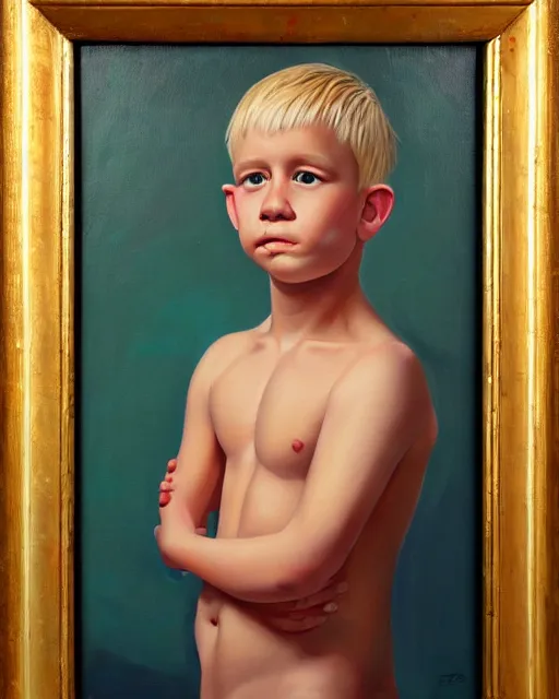 Prompt: little awkward cute blond man who is awkward and is also awkward, very detailed oil painting, oil on canvas