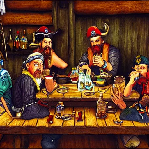 Prompt: Three important pirates drinking grog in a tavern table 16 bit computer art