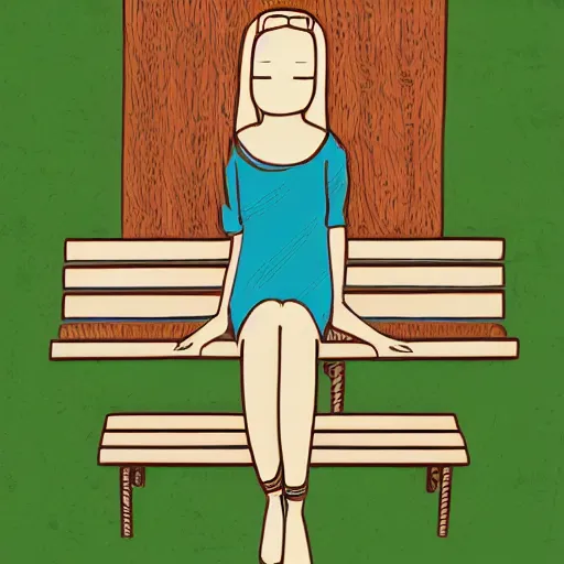 Image similar to an illustration of a young woman with long blond hair sitting on a green bench with her head in her hands, digital art