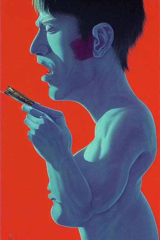 Prompt: a scifi closeup portrait of a young american man licking a blotter paper of LSD acid on his tongue and dreaming psychedelic hallucinations in cosmos, by kawase hasui, moebius, Edward Hopper and James Gilleard, Zdzislaw Beksinski, Steven Outram colorful flat surreal design, hd, 8k, artstation