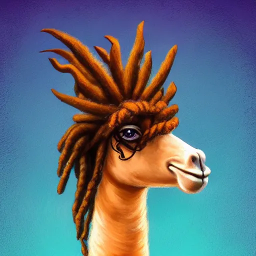 Prompt: llama with dreadlocks, realistic creature concept, heroic pose, ultra realistic, ultra detailed, beautiful art by Gilleard James, 4k