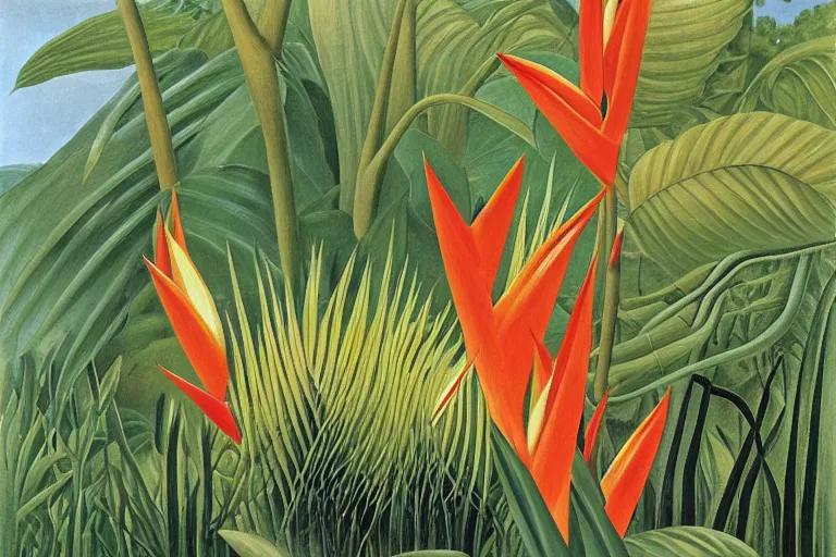 Image similar to heliconia in a graden, art by Henri Rousseau