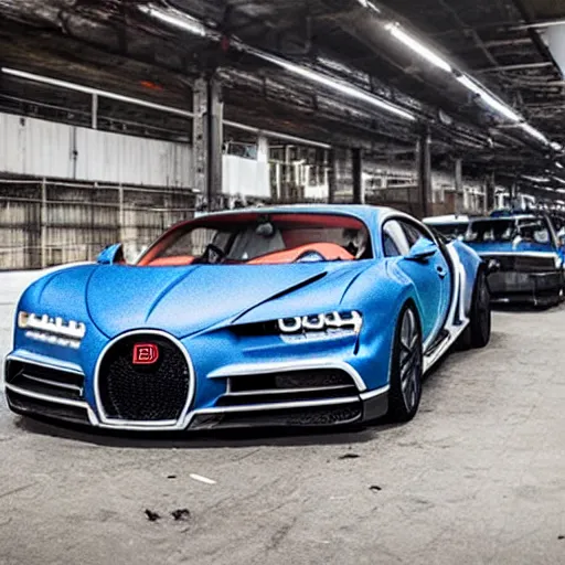 Image similar to an abandoned, derelict, rusty bugatti chiron in a dirty warehouse