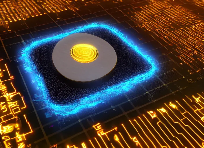 Prompt: Magic golden square computer chip with a glowing flat crystal embedded in the center, mana flowing around it, product photo, hyperrealism, trending on artstation, unreal engine 5 render