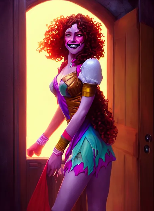 Image similar to an epic fantasy comic book style portrait painting of a girl wearing colorful makeup with a mischievous smile and curly brown hair stepping out of a doorway with light shining behind her, unreal 5, daz, hyperrealistic, octane render, cosplay, rpg portrait, dynamic lighting