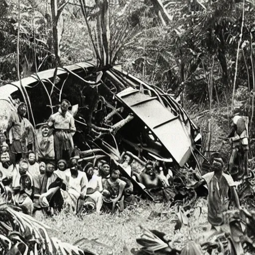 Image similar to a vintage photograph of a tribe living in a crashed airplane in a dense jungle