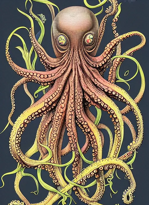 Image similar to octopus fox hybrid, rococo, intricate geometry, rainbow mycelium, basil wolverton, hr giger,