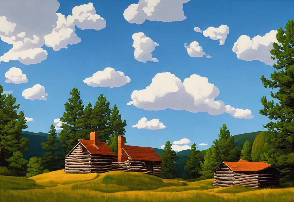 Prompt: a landscape painting of an old wooden hunters cabin in the woods, painting by kenton nelson, partly cloudy blue skies