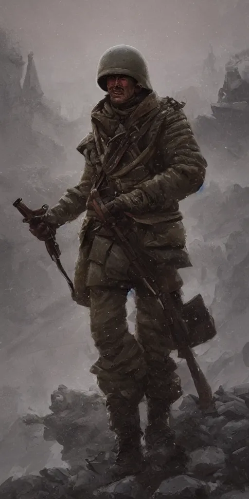 Image similar to character portrait of a wolrd war ii soviet soldier in a thematic landscape in the style of greg rutkowski, darek zabrocki, marcin rubinkowski, lorenzo lanfranconi, oleg zherebin, karlkka, trending on artstation