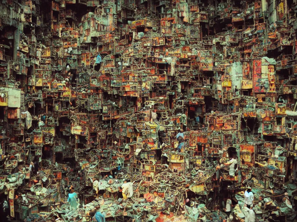 Image similar to closeup 1 9 8 8 photo of : inside the labyrinthine “ kowloon walled city ”, children are playing colorful video games in a narrow cramped dense indoor arcade. the arcade is full of industrial machinery, and is tattered and dirty. full - color professional journalistic photography from “ time ” magazine.
