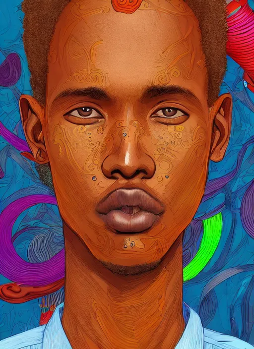 Prompt: closeup portrait of a 2 0 year old somali man, an ultrafine detailed illustration by james jean, intricate linework, bright colors, final fantasy, behance contest winner, vanitas, angular, altermodern, unreal engine 5 highly rendered, global illumination, radiant light, detailed and intricate environment