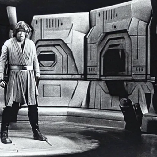 Image similar to Luke Skywalker attempts to stop the Death Star in the silent movie version of Star Wars (1921) by Fritz Lang, in front of a set reminiscent of Metropolis