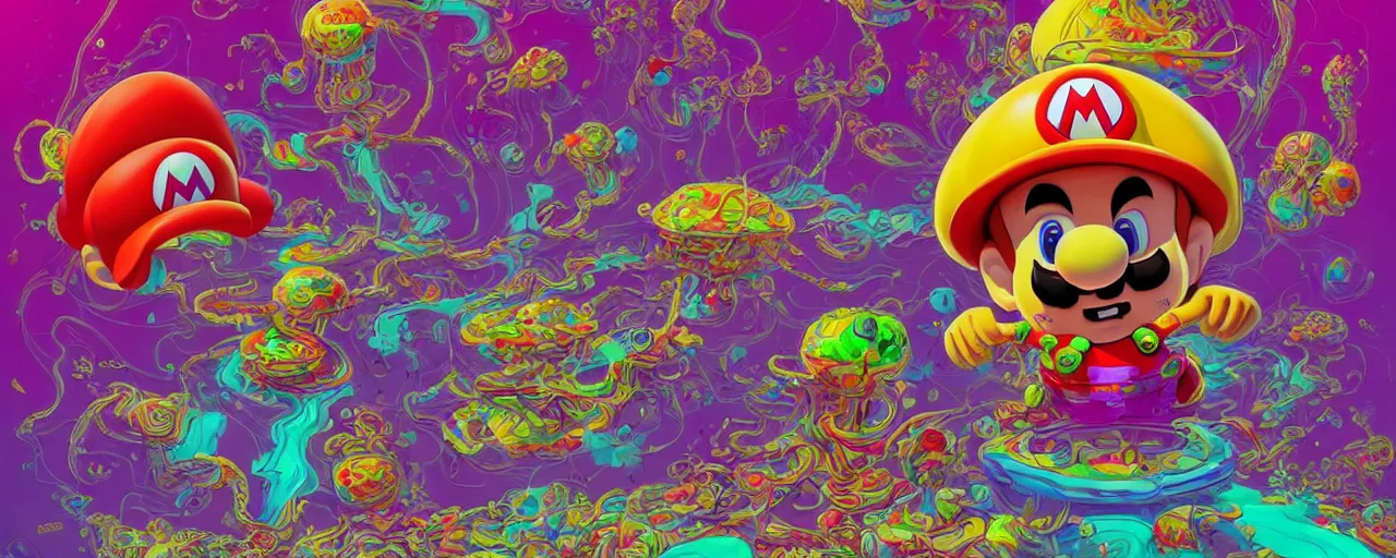 Image similar to surreal moebius illustration super mario having psychedelic acid trip on lsd glichy hypnotic fractals spirals with molecule structures fluid flowing shapes by sachin teng and sergey kolesov and ruan jia and heng z. graffiti art, scifi, fantasy, hyper detailed. octane render. concept art. trending on artstation