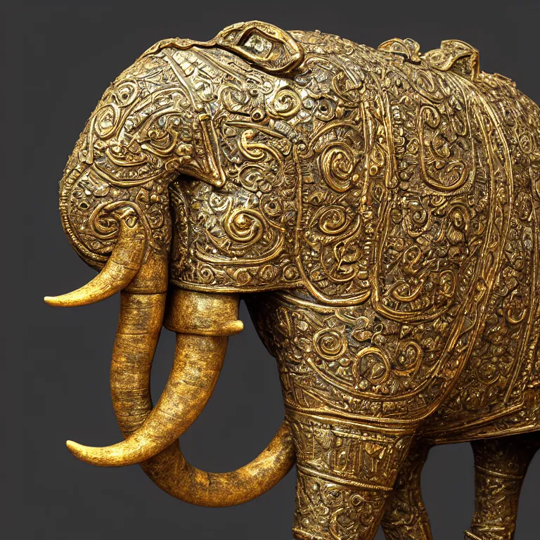 Image similar to highly detailed ancient artifact depicting an elephant made of bronze and ivory and encrusted with precious jewels, patina, ethereal, esoteric, zbrush sculpt, octane render, intricate, ornate, cinematic lighting